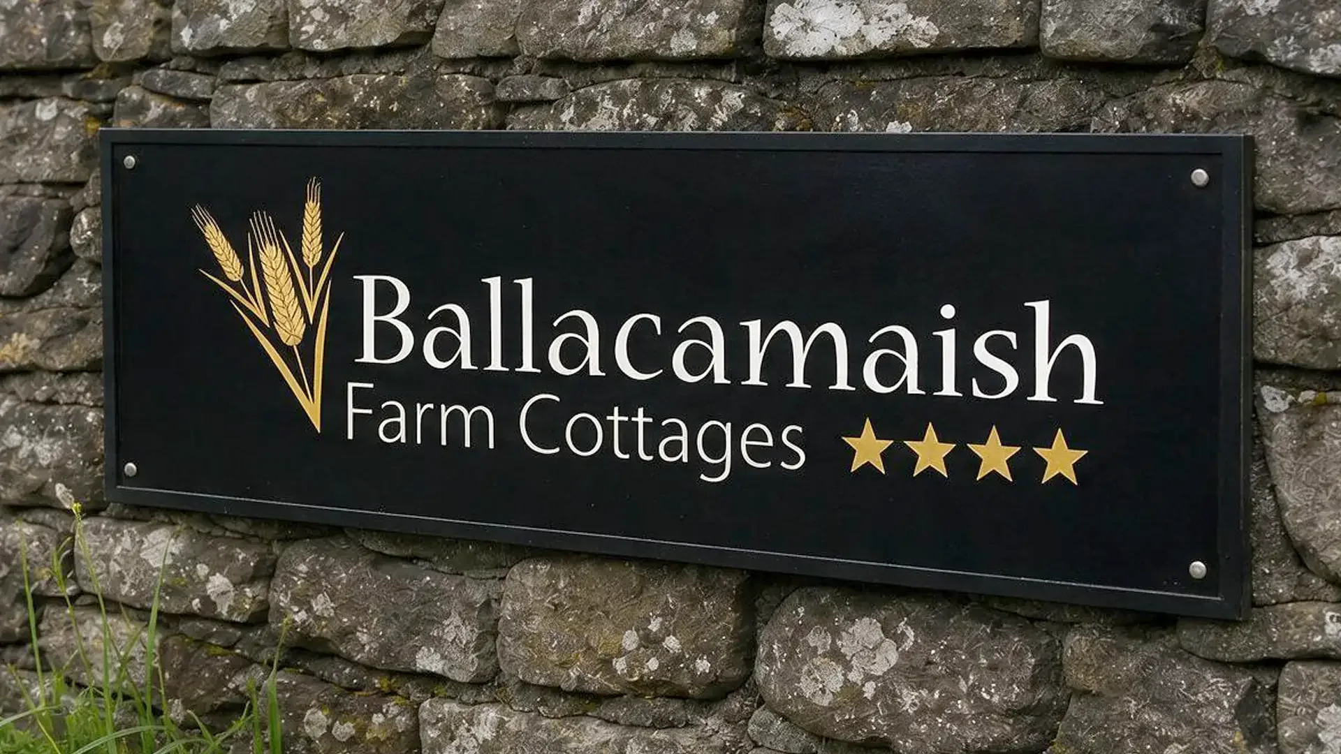 Ballacamaish Farm Cottages signage design shown against a traditional rural stone wall
