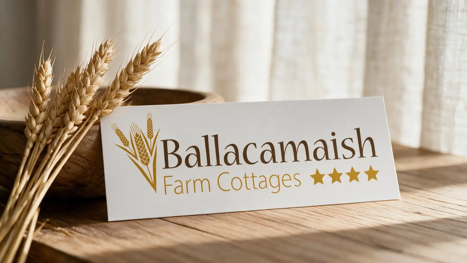 Ballacamaish Farm Cottages identity on a welcome folder in a warm cottage setting