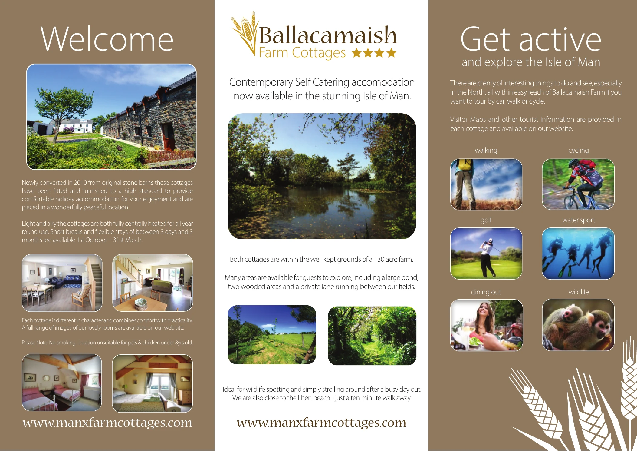 Inner panels of the Ballacamaish Farm Cottages trifold flyer combining interior photography, a welcome and ideas for exploring the Isle of Man