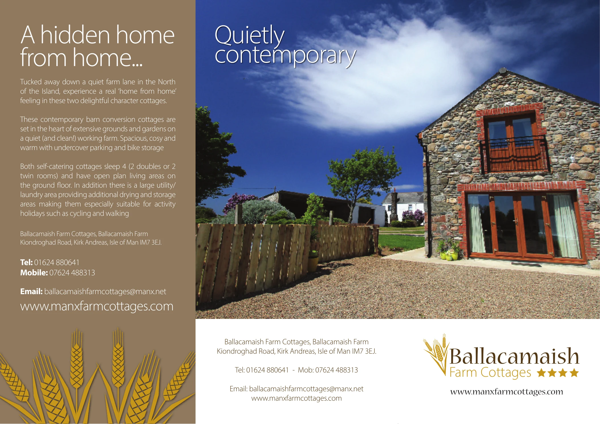 Outer panels of the Ballacamaish Farm Cottages trifold flyer featuring A hidden home from home and Quietly contemporary