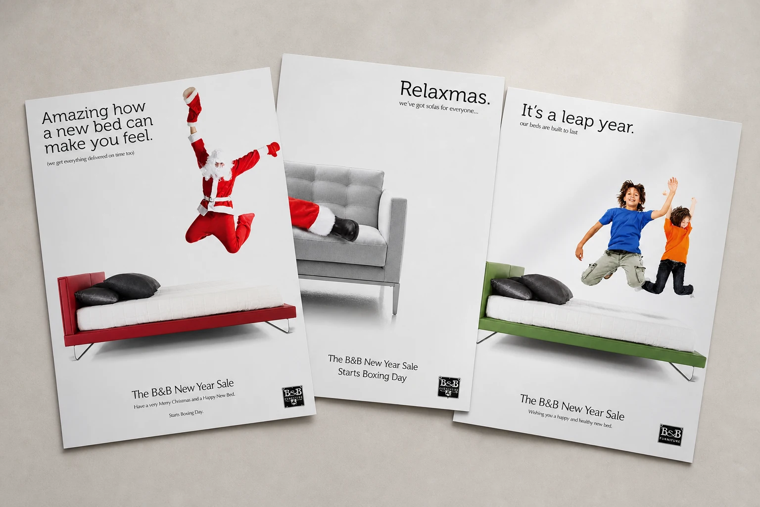 The three B&B Furniture New Year campaign adverts presented together as printed artwork