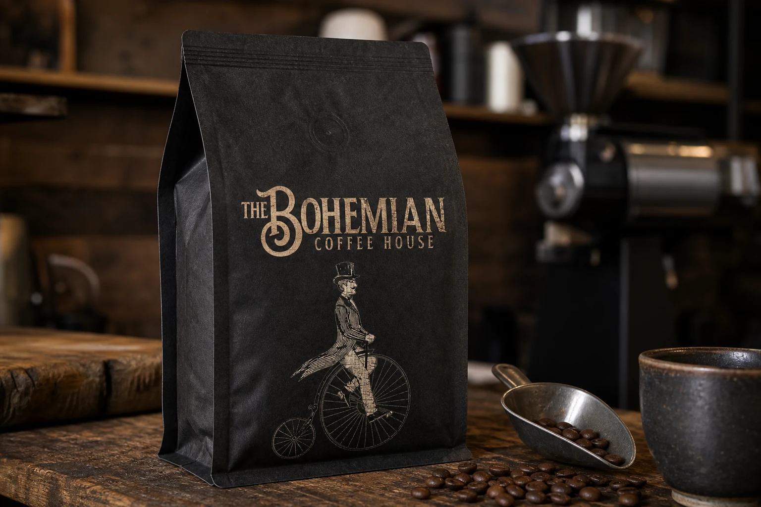 Bohemian Coffee House identity shown on a coffee bag in a café setting