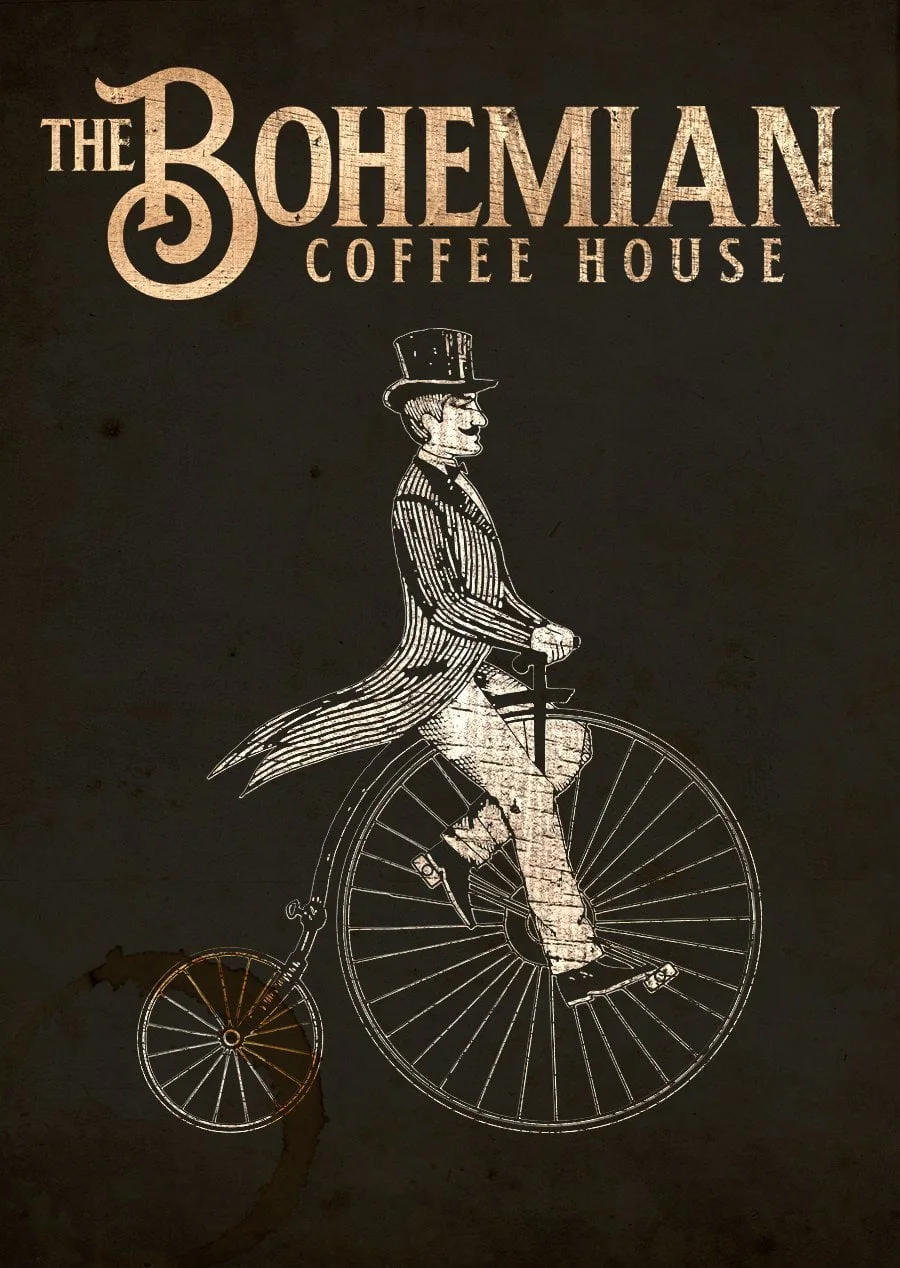 Original Bohemian Coffee House identity artwork featuring the Victorian penny-farthing character