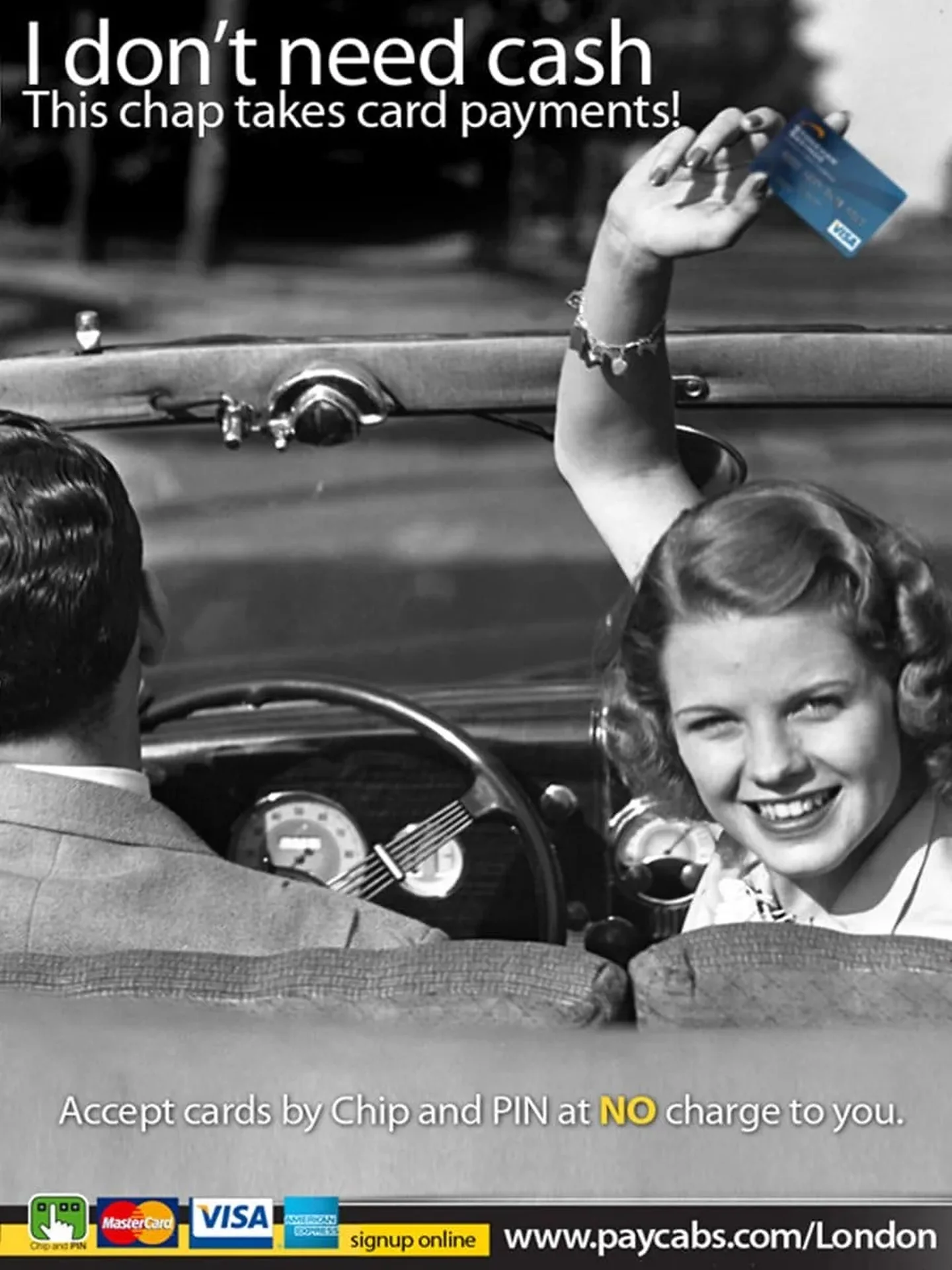 CabCard campaign advert featuring a passenger holding up a payment card in a taxi