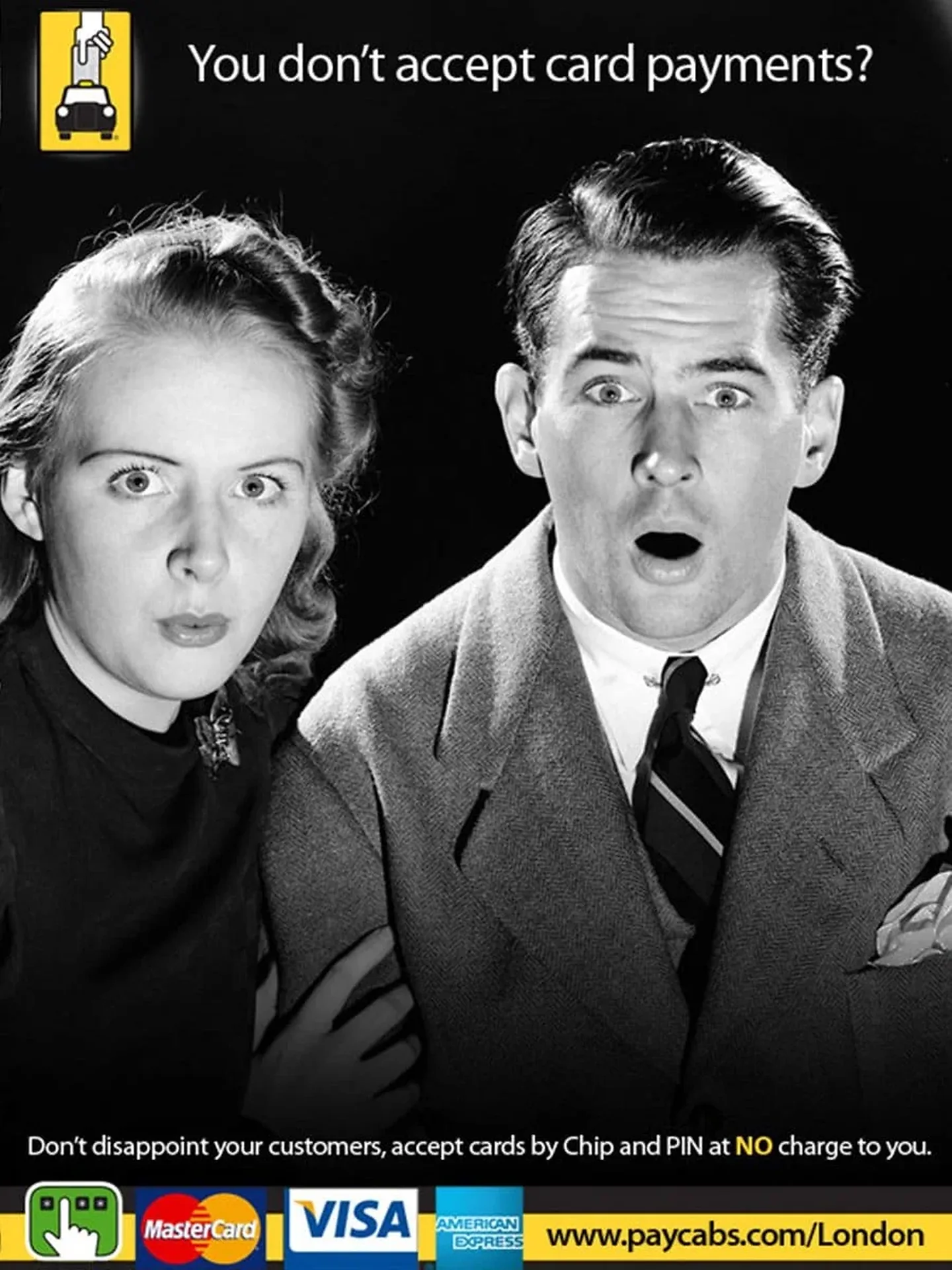 CabCard campaign advert using a surprised couple to introduce card acceptance