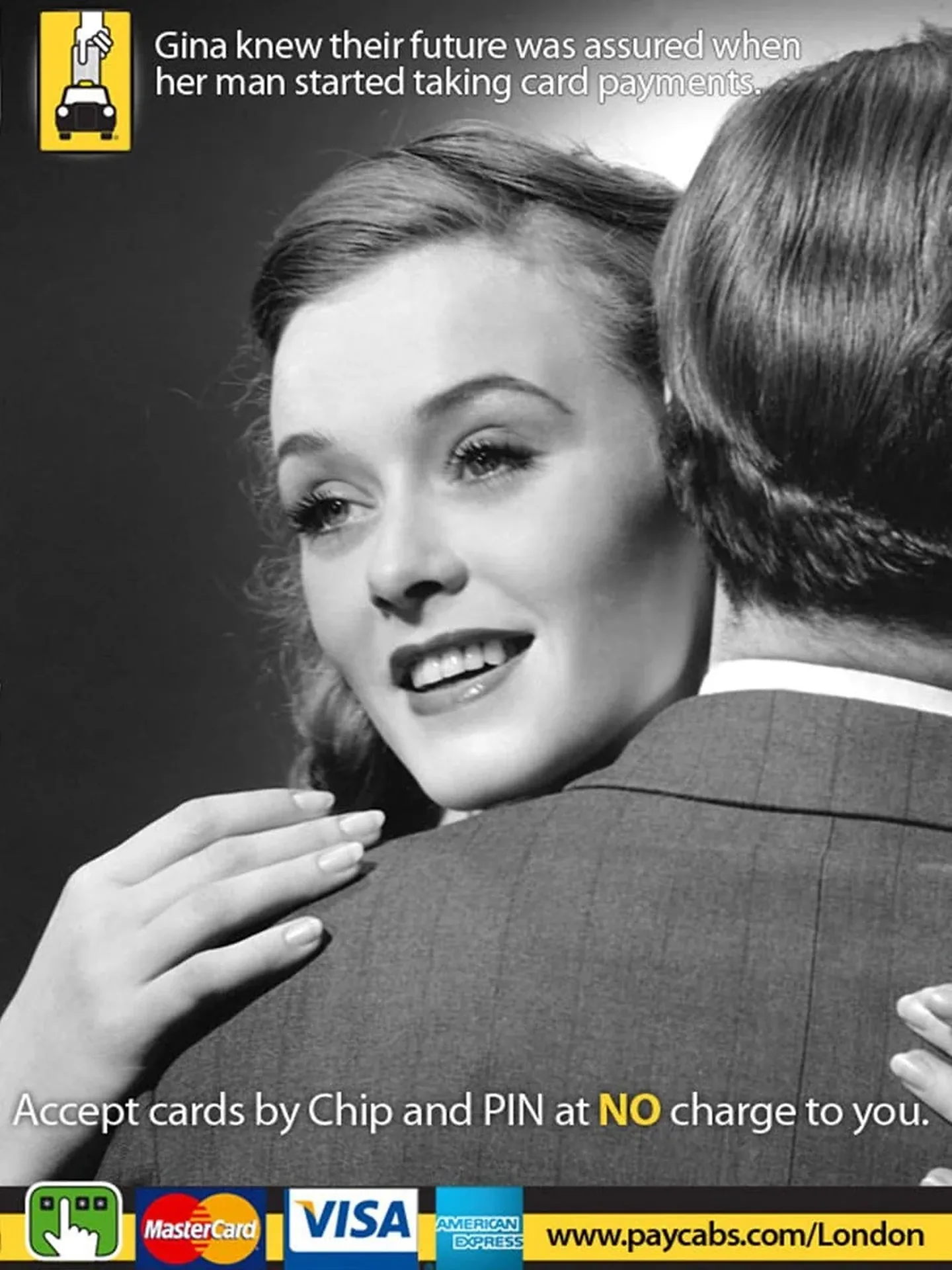 CabCard campaign advert pairing a reassuring headline with retro imagery