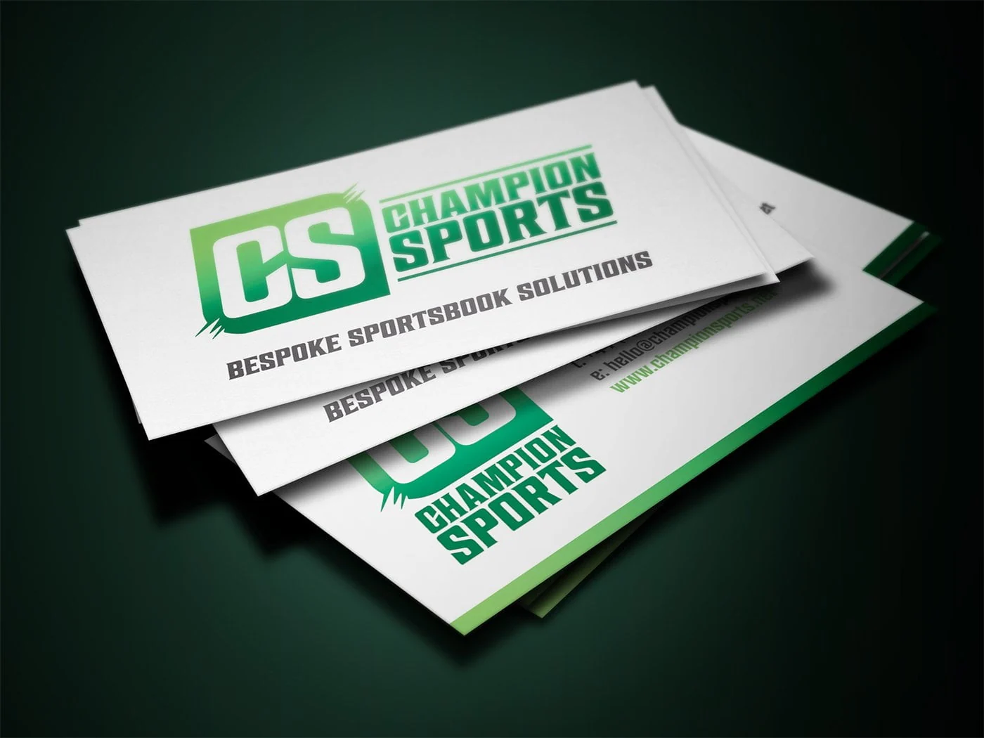 Champion Sports business card design in green, black and white
