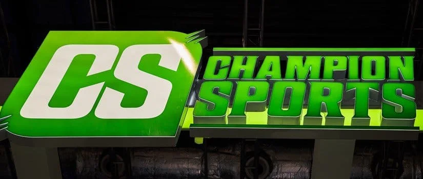 Illuminated Champion Sports sign at the ICE London exhibition