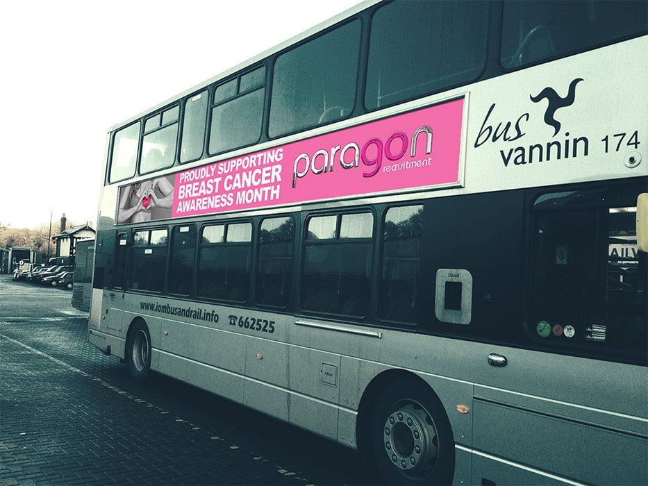 Paragon Recruitment breast cancer awareness campaign applied to a bus