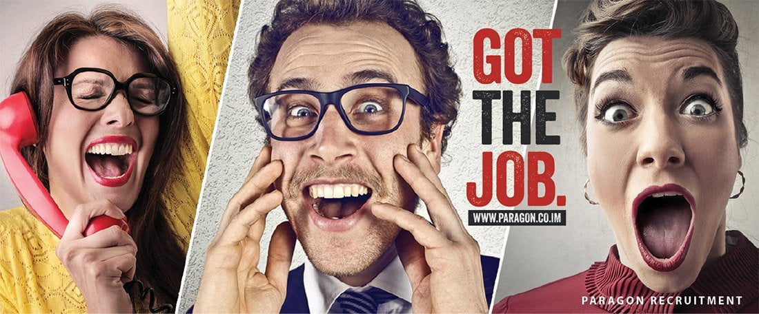 Paragon Recruitment Got the Job campaign featuring three people reacting to good news