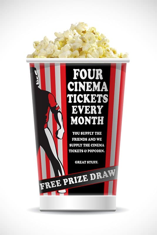 Paragon Recruitment cinema ticket competition artwork on a popcorn carton