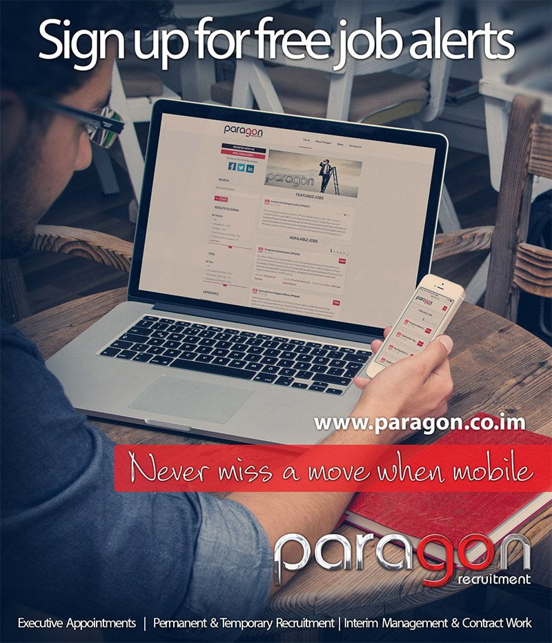 Paragon Recruitment job alert sign-up campaign shown on a laptop