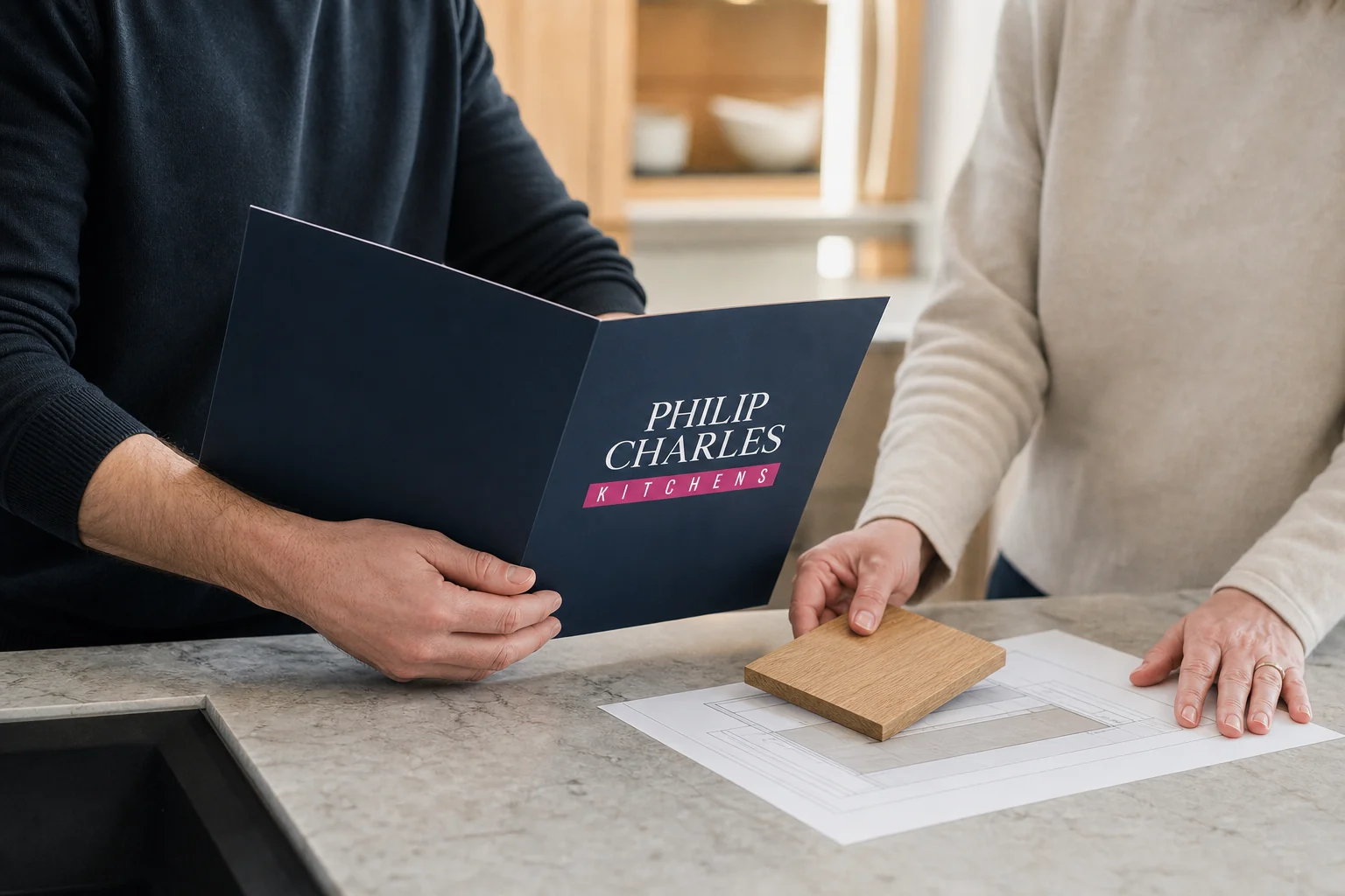 The Philip Charles Kitchens logo presented in an anonymous kitchen consultation setting