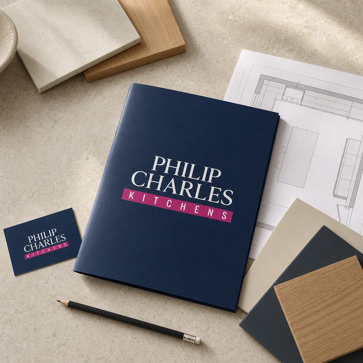Philip Charles Kitchens presentation folder, business card, plans and kitchen finish samples