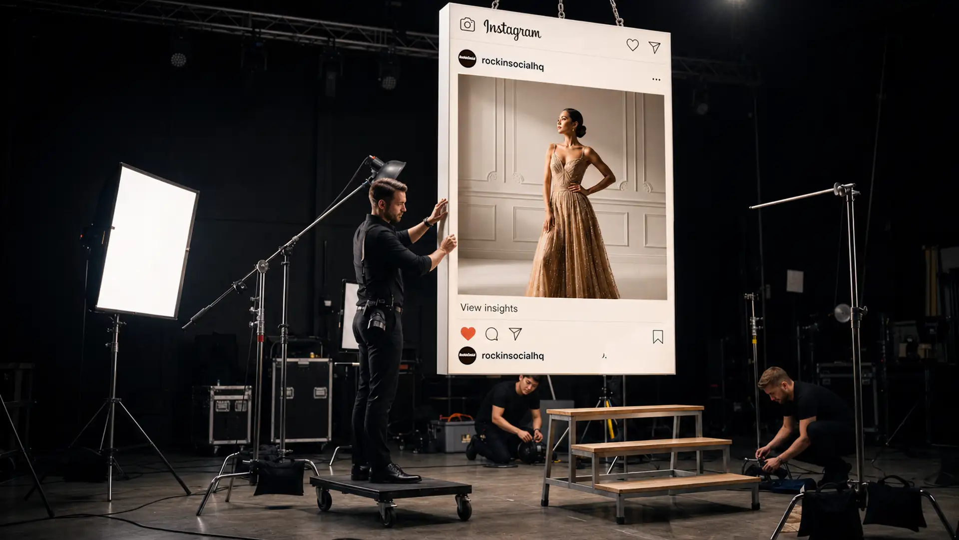 A photography crew constructing a RockinSocial campaign image around an oversized social post
