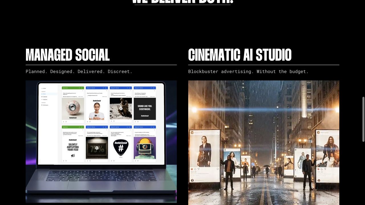 Managed social and cinematic AI services presented on the RockinSocial website