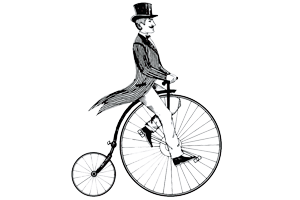 An illustration of a man riding an old fashioned bicycle.