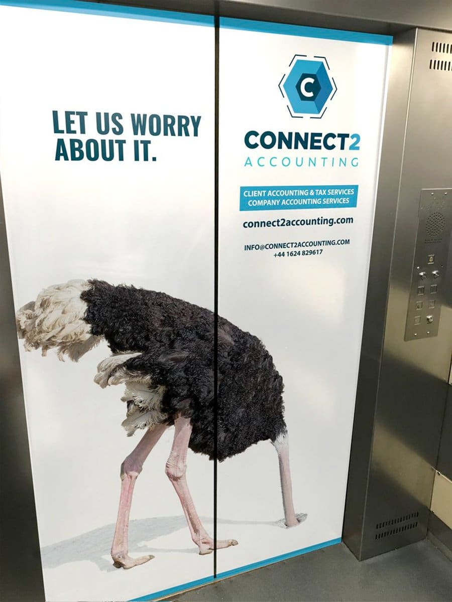 An elevator with an ostrich on it.