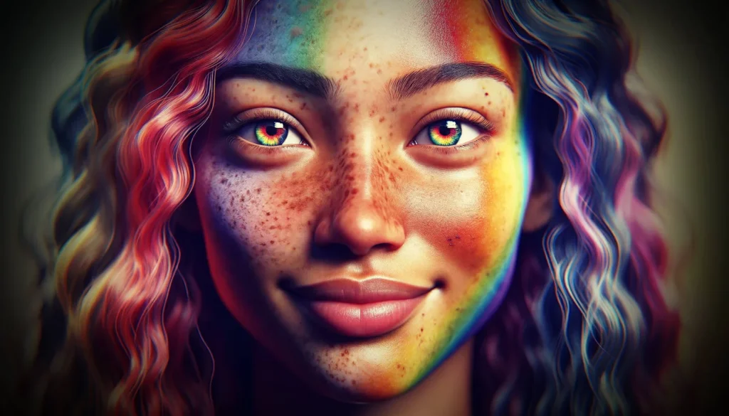 A young person with colorful, rainbow-hued hair and freckles looks forward with a neutral expression. Their face is illuminated by multicolored light.