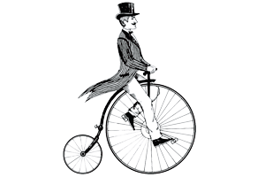 Illustration of a man wearing a top hat and coat, riding a penny-farthing bicycle, perfect for vintage logo design.