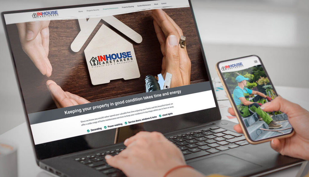 A person views the Inhouse Caretakers website on a laptop and a mobile phone. The expertly crafted website design features a logo, navigation menu, house-related image, and text emphasizing property maintenance services.