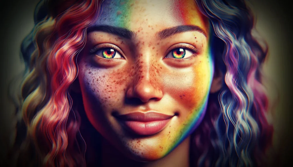 Close-up of a person with multi-colored wavy hair, freckles, and rainbow-colored light casting across their face, smiling warmly—a genuine representation of vibrant brand development.