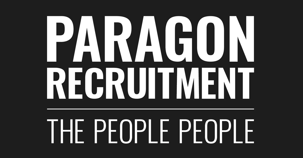 Black background with bold white text that reads, "PARAGON RECRUITMENT" and below in smaller text, "THE PEOPLE PEOPLE" — a sleek logo design.