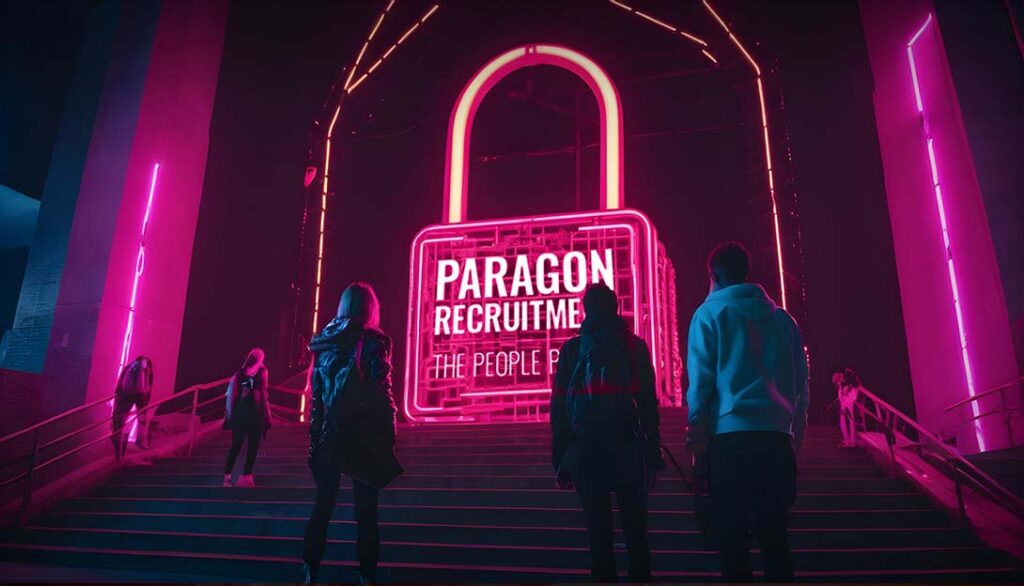 People walking up the stairs toward a building with a large neon sign that reads "PARAGON RECRUITMENT" glowing in pink, hinting at their expertise in Social Media Design.