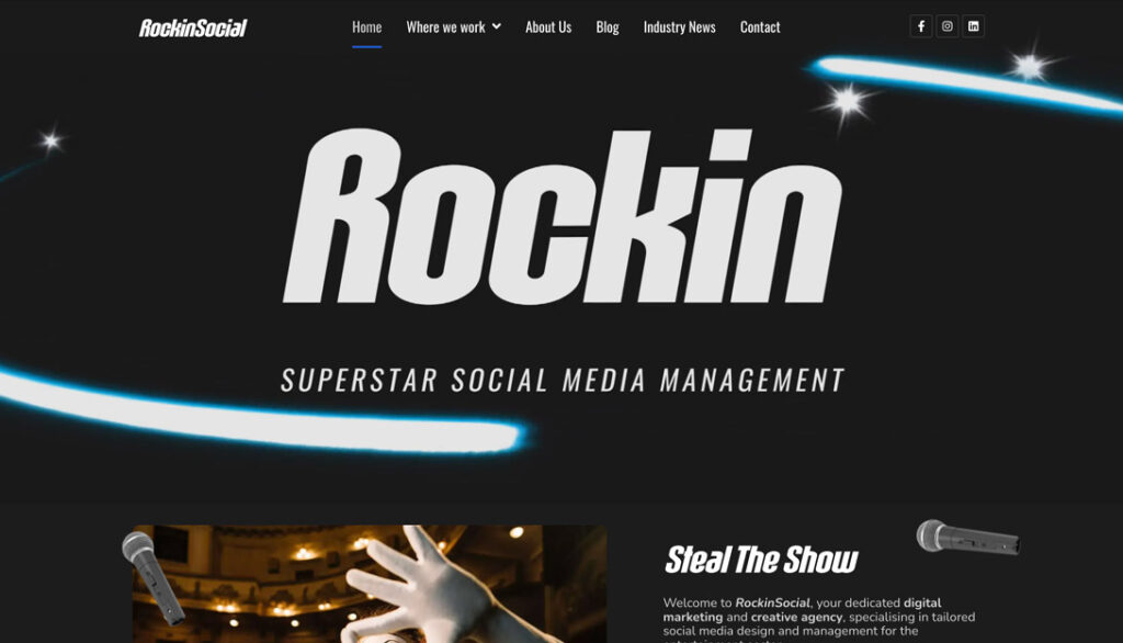 Screenshot of a webpage for RockinSocial, showcasing stellar website design with the tagline "Superstar Social Media Management," navigation menu, and sections including "About Us," "Blog," and "Contact." Microphone and hand reaching up.