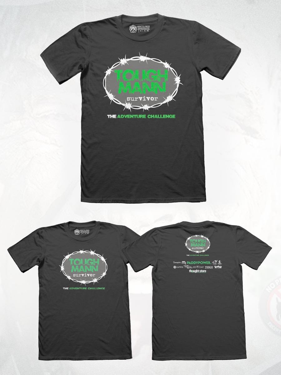 A black t - shirt with a green logo on it.